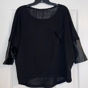 William Rast Black Leather Sleeve Knit Top